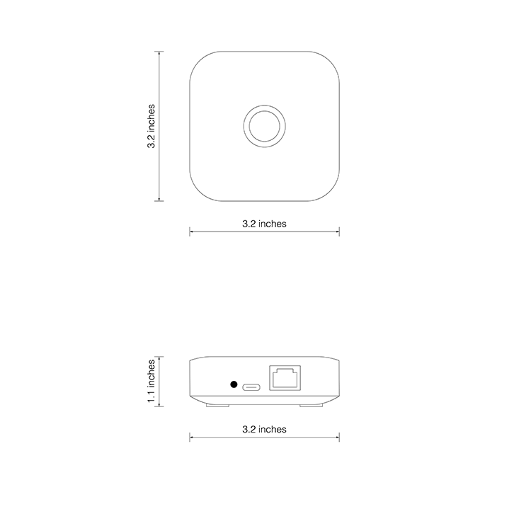 The appearance of Netro Hub is that of a rectangular prism with dimensions of length 3.2 inches, width 3.2 inches, and height 1.1 inches. On the front of Netro Pixie Z1, there is an Ethernet port, a small reset button and a power connector. On its top view, It features a circular function button.