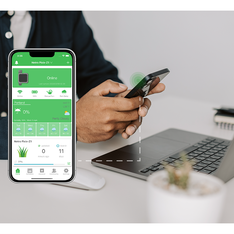 Working with the Netro Hub, your Pixie Z1 will always be online and connected to the internet, allowing you to control and monitor your watering schedules remotely and instantly from anywhere.
