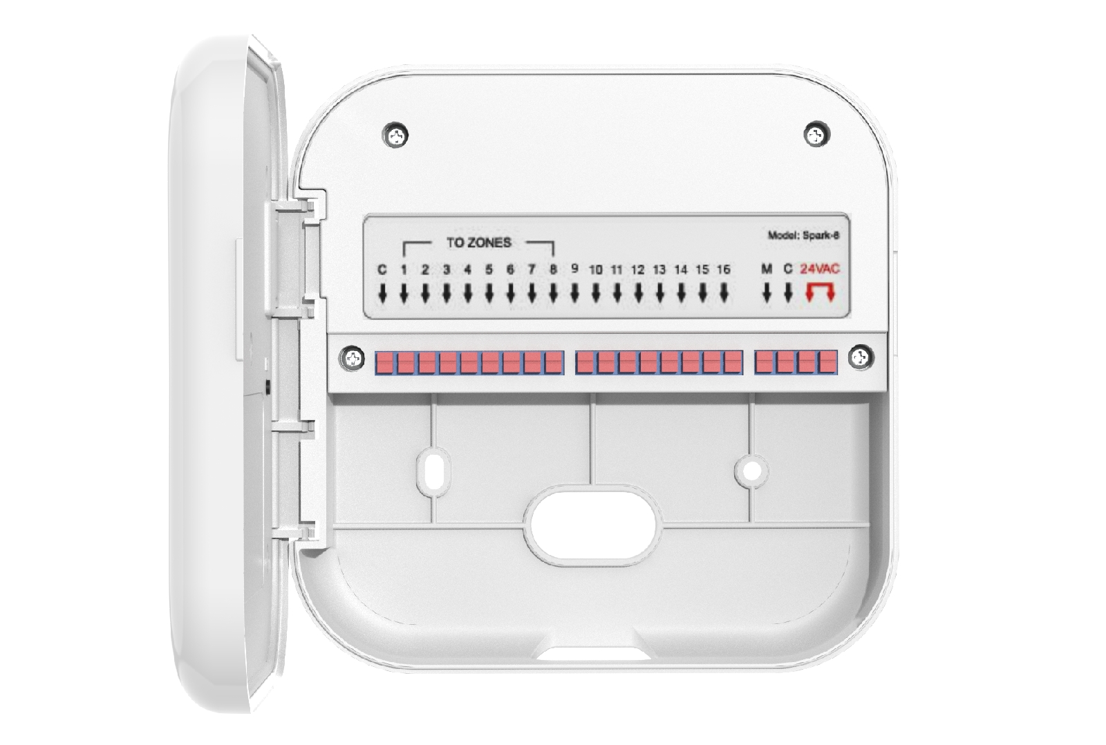 Netro Spark's wiring. From left to right, there are wires labeled C, 1 to 8 or 1 to 16, as well as the M, C and power wires.