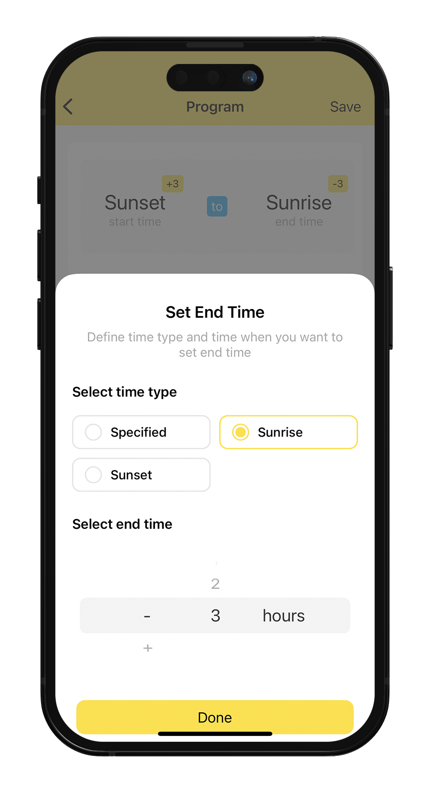 Setting based on sunset time for activation and deactivation.